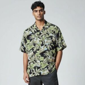 Campia Mens Hawaiian Aloha Shirt Black‎ Palm Tree Tropical Scene Size L